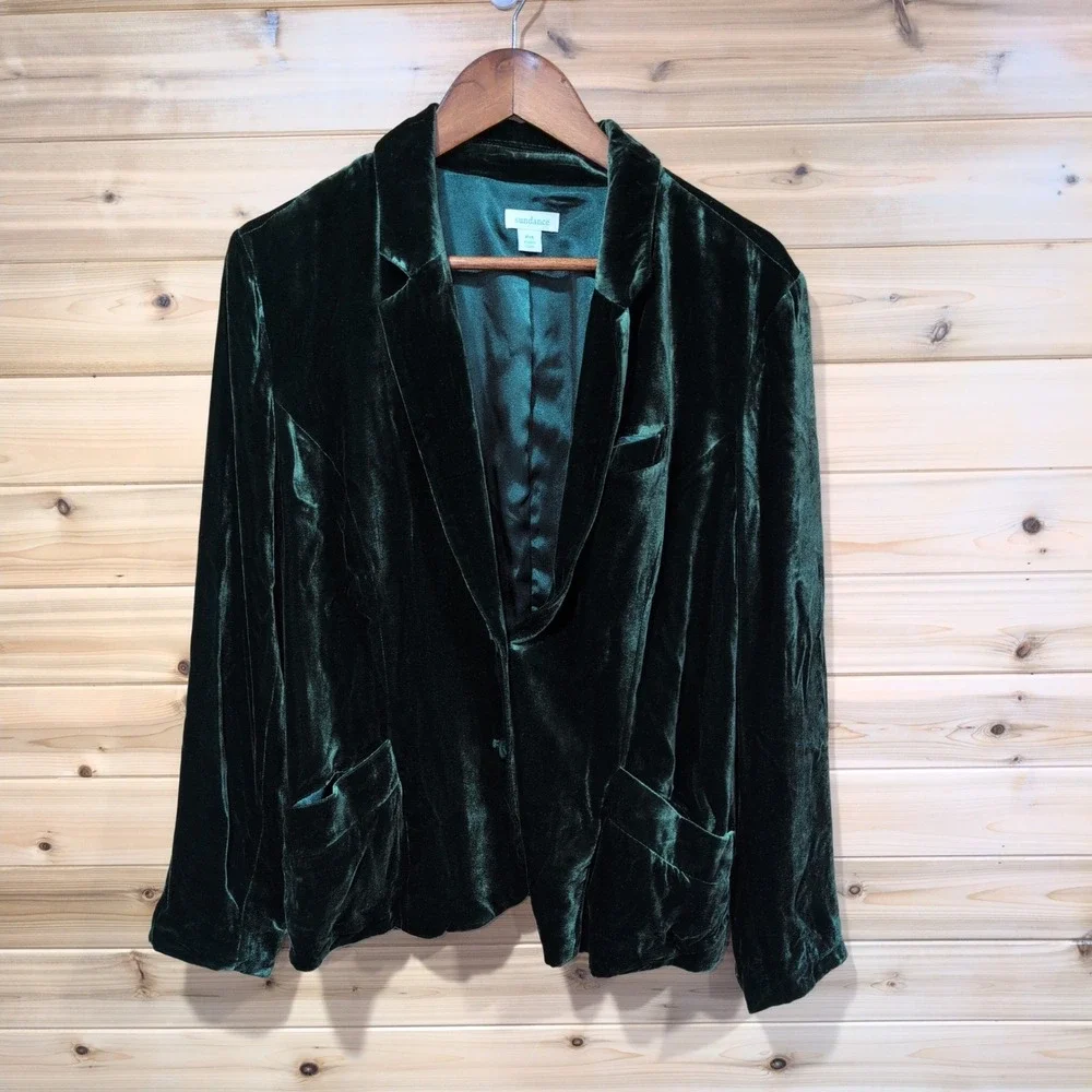 Sundance‎ Green Velvet Silk Blend Blazer Jacket Petite 14 P14 Forest Green